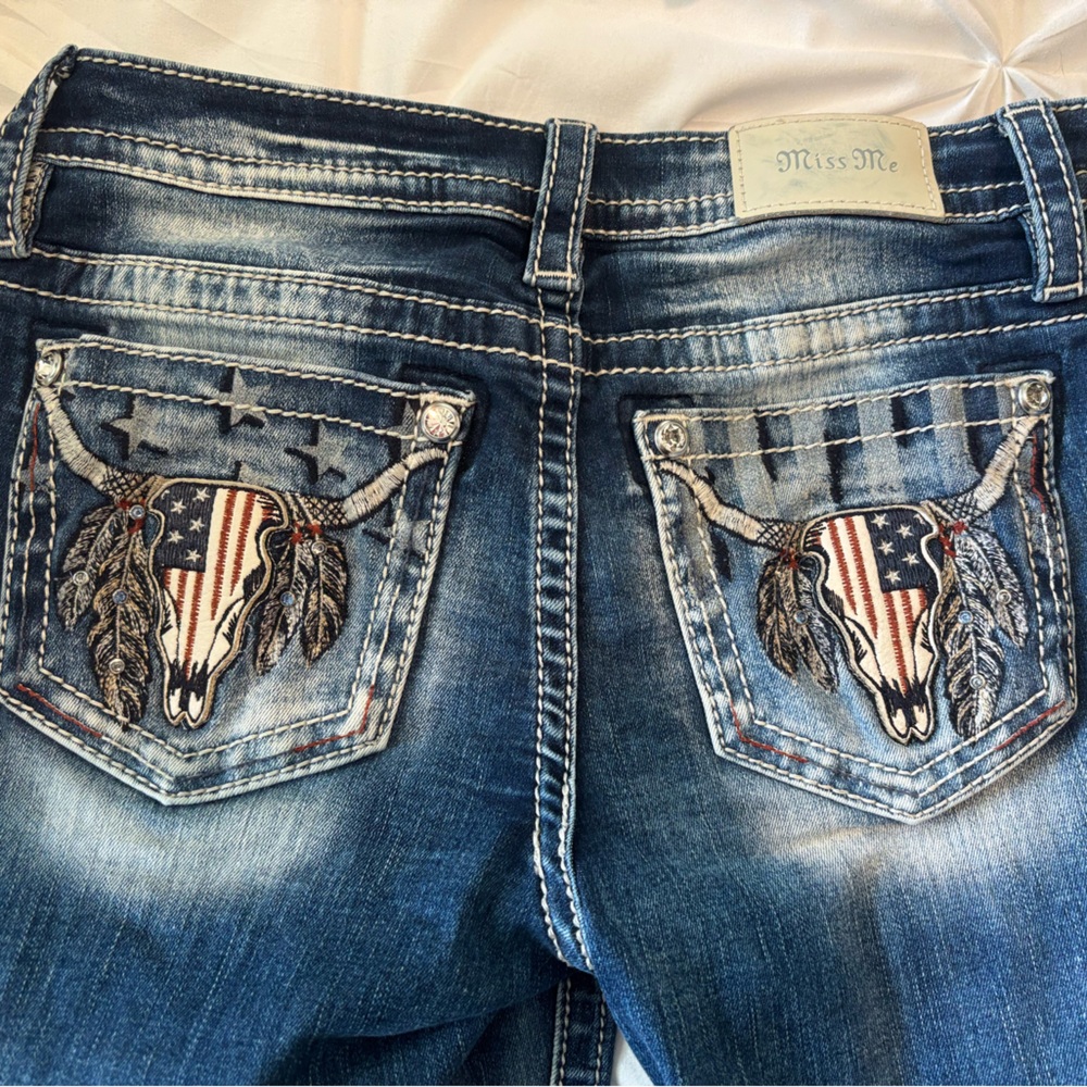 Miss Me Distressed Denim with Patriotic Embroidery